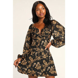 Lulus Dressed Up Darling Black Floral Balloon Sleeve Mini Dress - Size XS